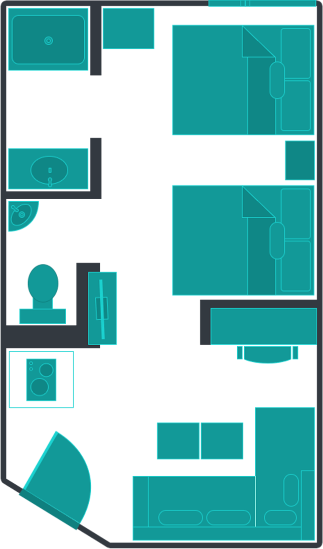 Queen and Double suites hotel floor plans.